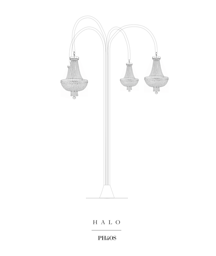Technical drawing of the PHáOS HALO four-chandelier structure for bespoke luxury wedding lighting installations
