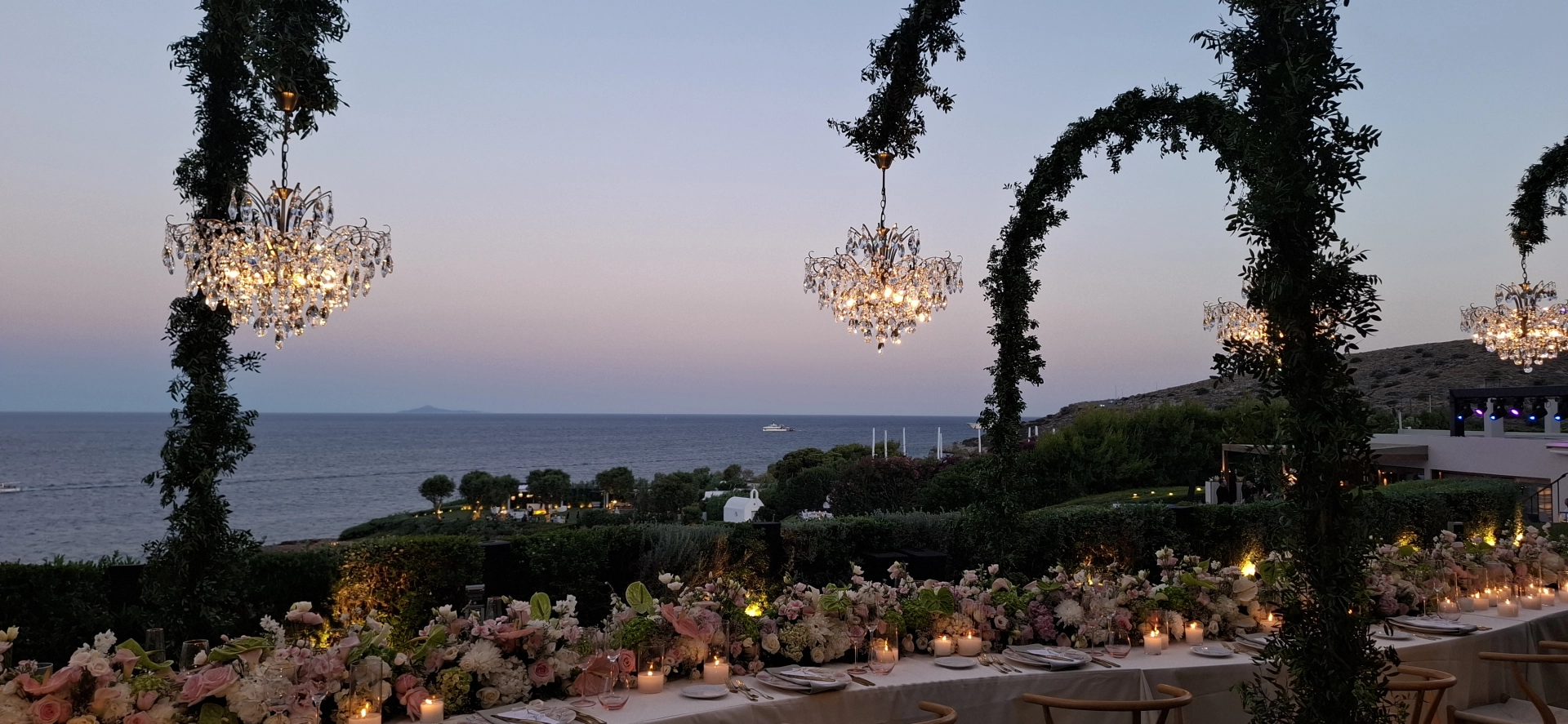 Luxury crystal chandelier installed for a wedding reception in Athens, Greece